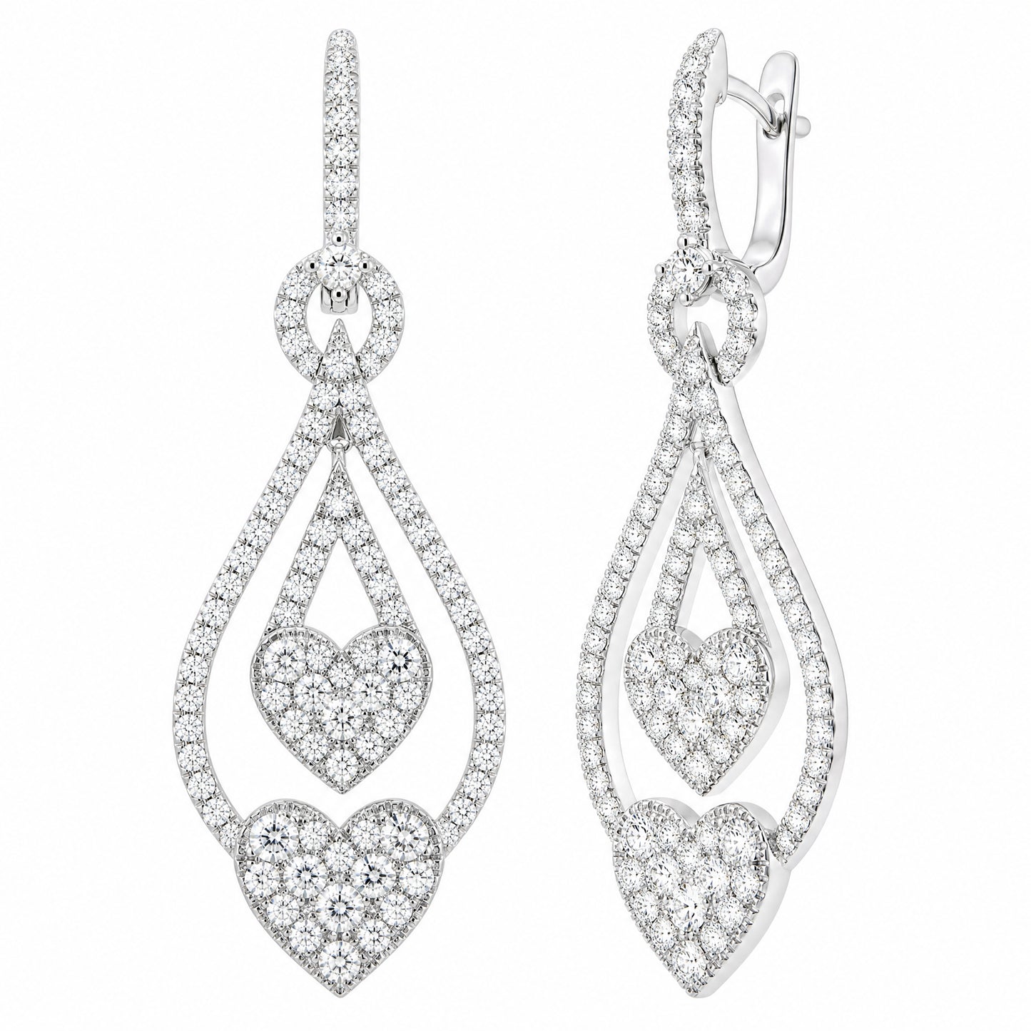 18K White Gold Heart Dangle Hoop Earrings