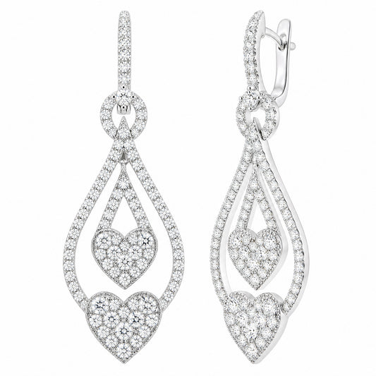 18K White Gold Heart Dangle Hoop Earrings