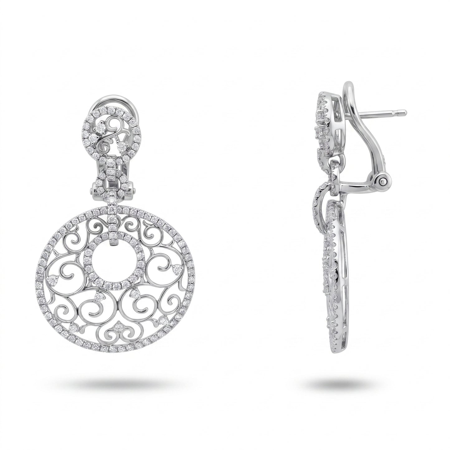 2.78 Carat Diamond Circular Openwork Filigree Drop Clip Earrings